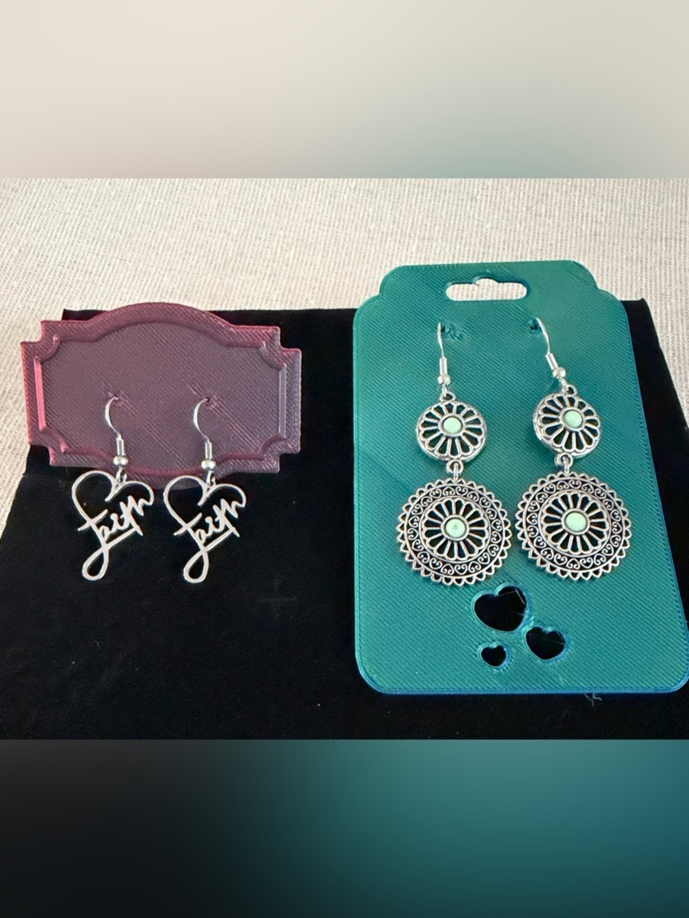 Silver Tone 'Faith' Script and Filigree Drop Earrings Set -